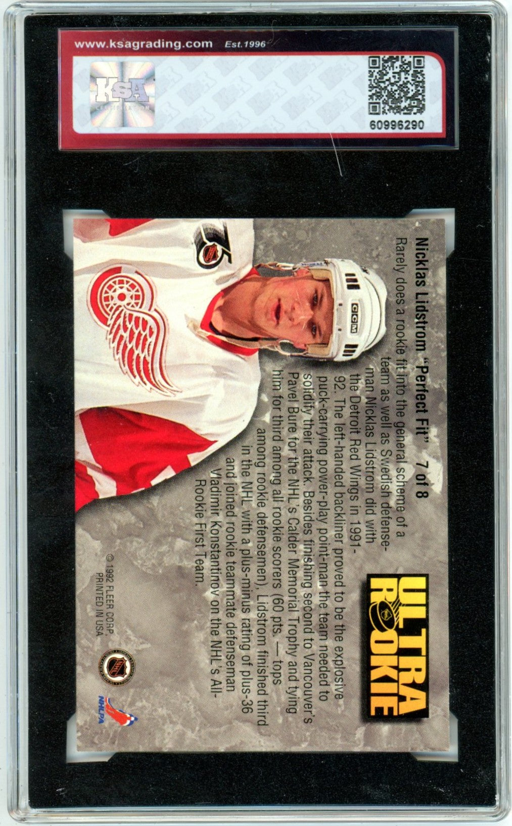 1992/93 Fleer Ultra Nicklas Lidstrom Ultra Rookie #7 Graded Hockey Card KSA 10