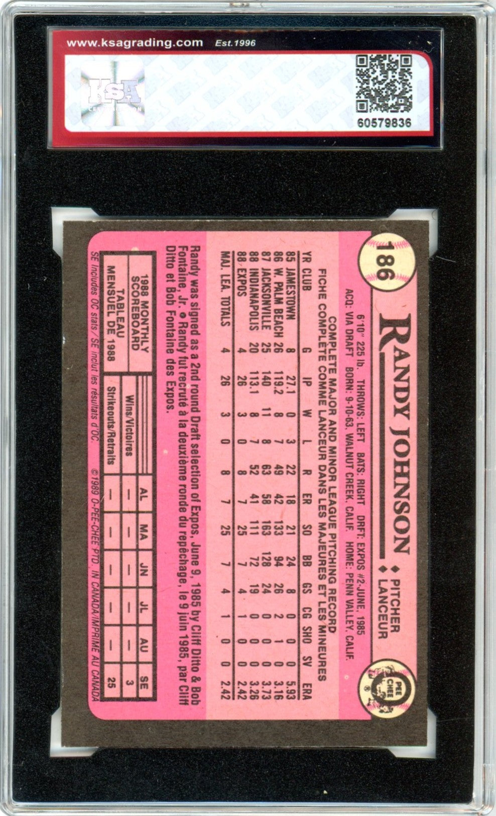 1989 OPC O-Pee-Chee Randy Johnson #186 Graded Rookie Card KSA 7.5