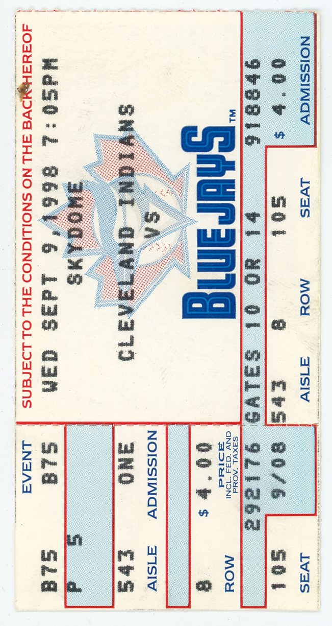 Blue Jays Vs. Cleveland Indians Vintage Ticket Stub Skydome (Toronto, 1998)