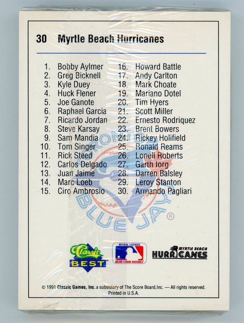 1991 Classic Best Baseball Myrtle Beach Hurricanes Factory Set (30 Cards)