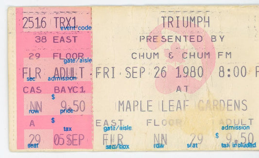 Triumph Vintage Concert Ticket Stub Maple Leaf Gardens (Toronto, 1980)