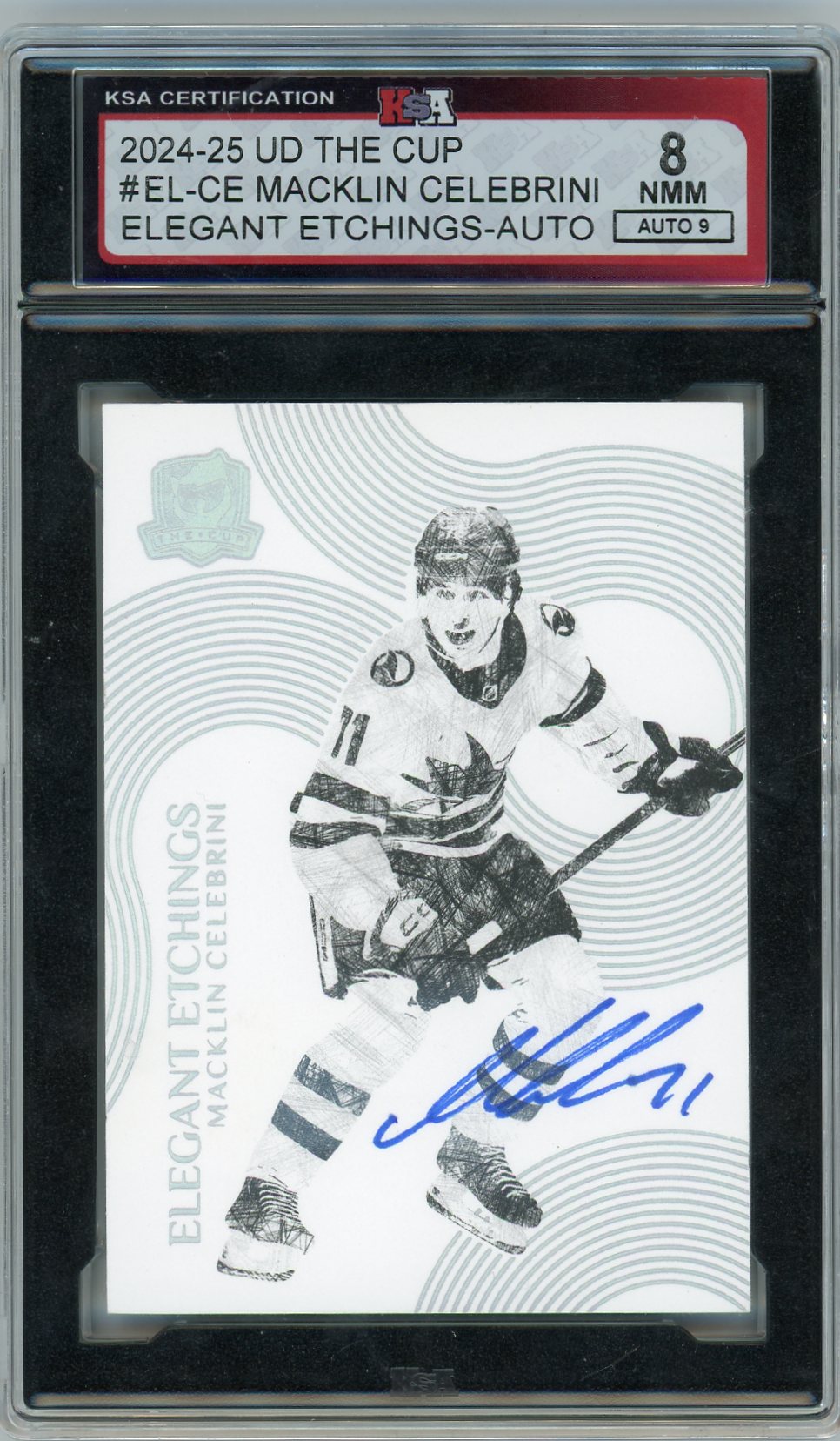 2024/25 UD The Cup Macklin Celebrini #EL-CE Elegant Etchings Rookie Auto Graded Hockey Card KSA 8