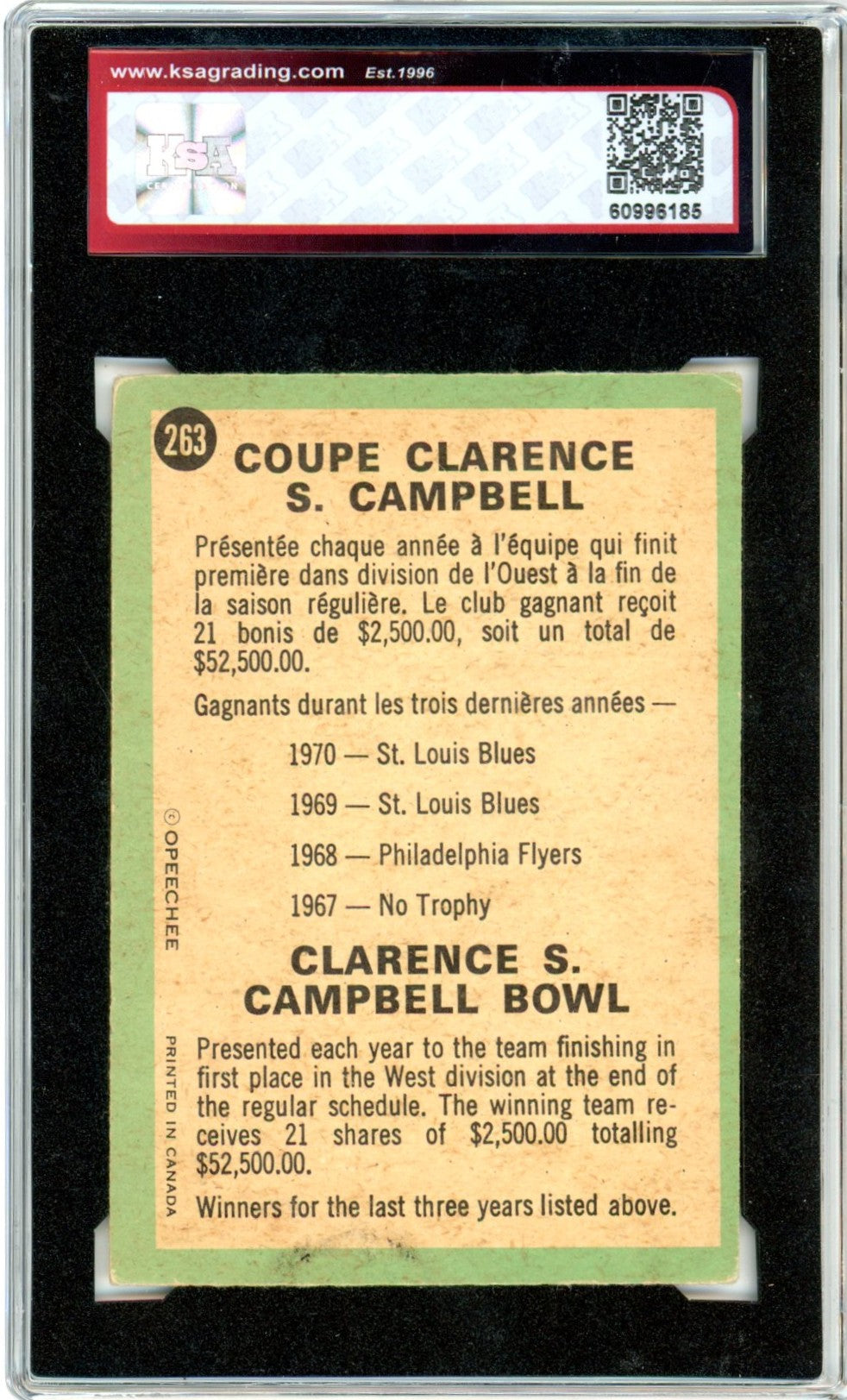 1970/71 OPC O-Pee-Chee Clarence S. Campbell Bowl Graded Hockey Card #263 KSA 3