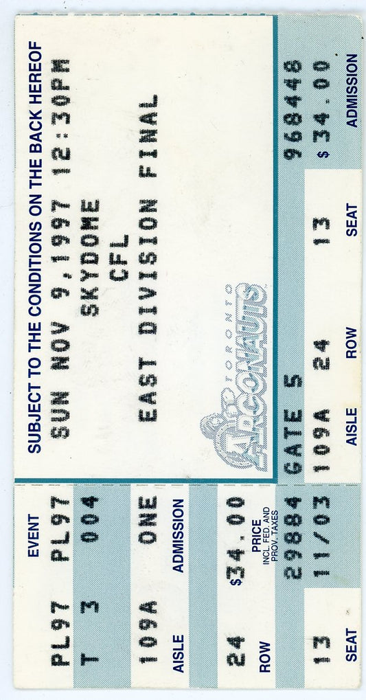 Toronto Argonauts East Division Final Vintage Ticket Stub Skydome (Toronto, 1997)