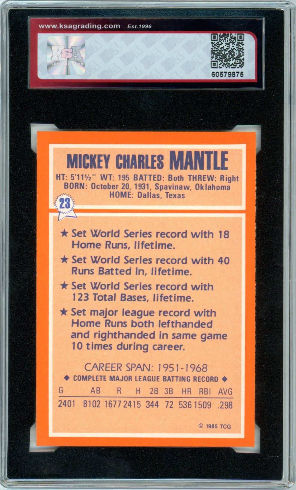 1985 Topps Woolworth Mickey Mantle Record Holder #23 Graded Baseball Card KSA 8