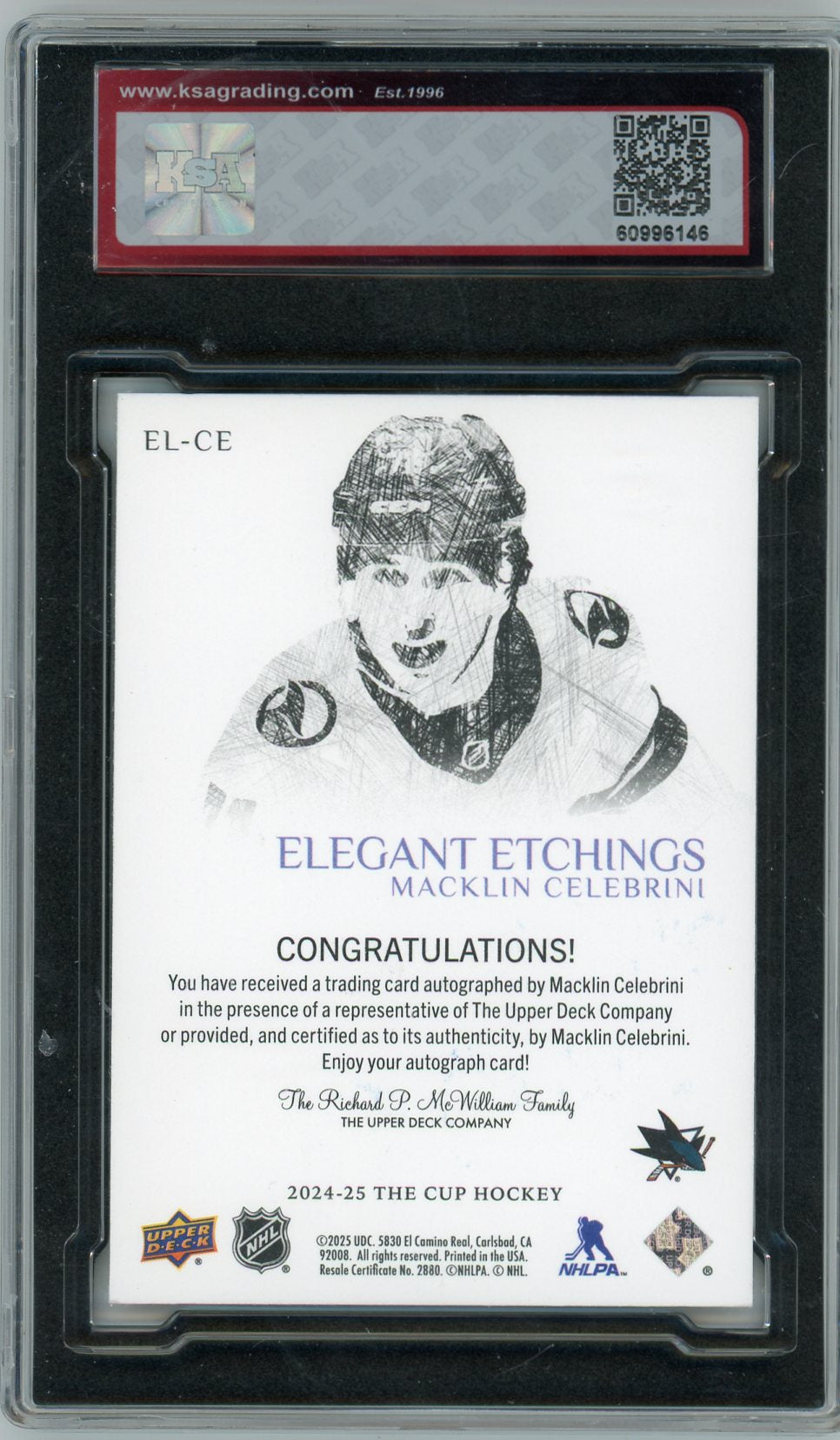 2024/25 UD The Cup Macklin Celebrini #EL-CE Elegant Etchings Rookie Auto Graded Hockey Card KSA 8