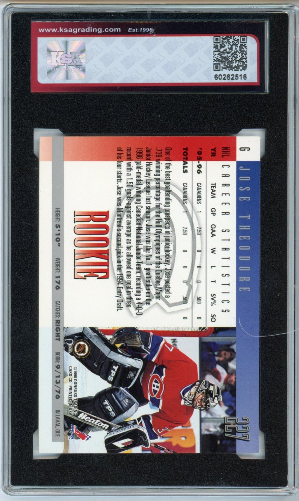 1996/97 Donruss Jose Theodore Graded Rookie Card #227 KSA 8.5