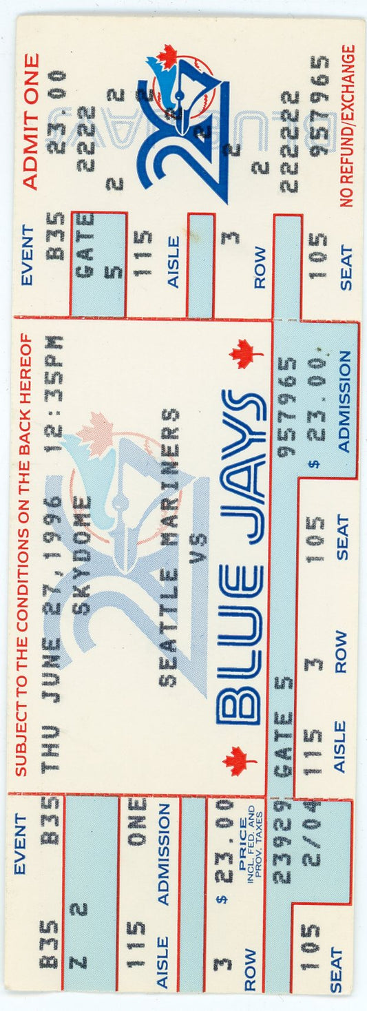 Seattle Mariners Vs Blue Jays Vintage Ticket Stub Skydome (Toronto, 1996)