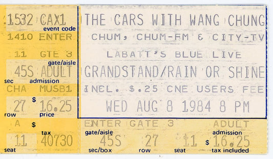 The Cars with Wang Chung Vintage Concert Ticket Stub Exhibition Grandstand (Toronto, 1984)