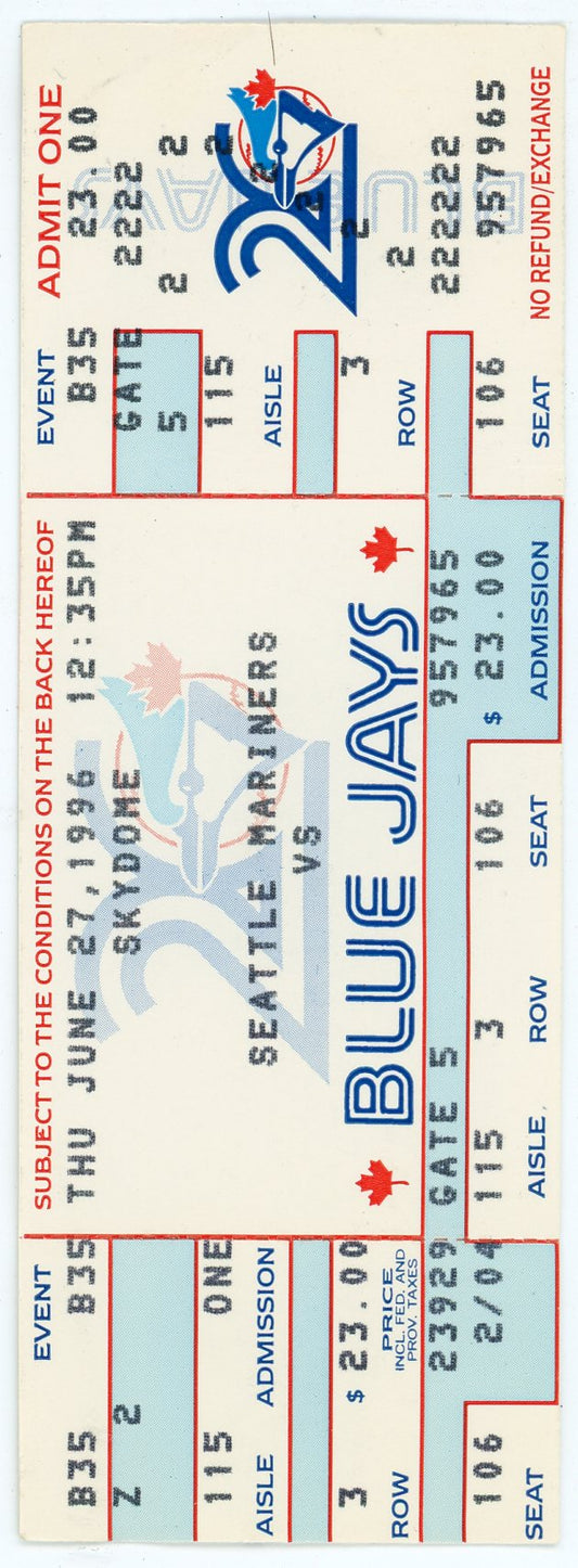 Seattle Mariners Vs. Toronto Blue Jays Vintage Ticket Skydome (Toronto, 1996)