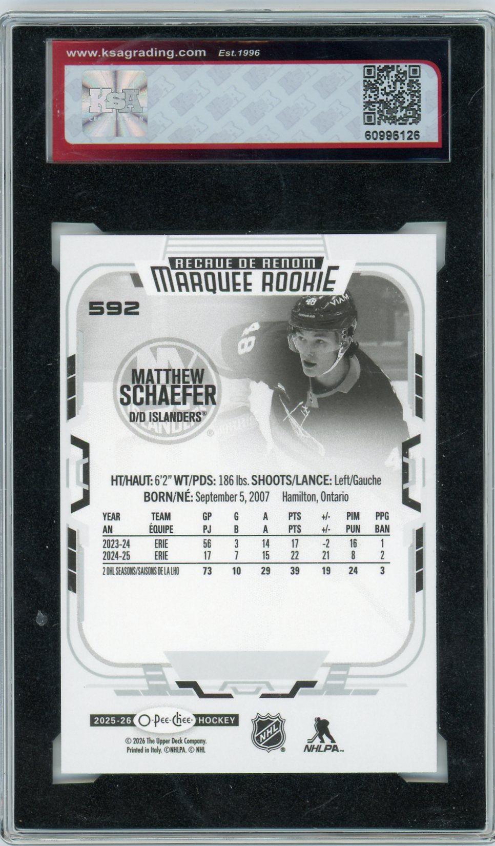2025/26 O-Pee-Chee Matthew Schaefer #592 Marquee Rookie Graded Hockey Card KSA 10