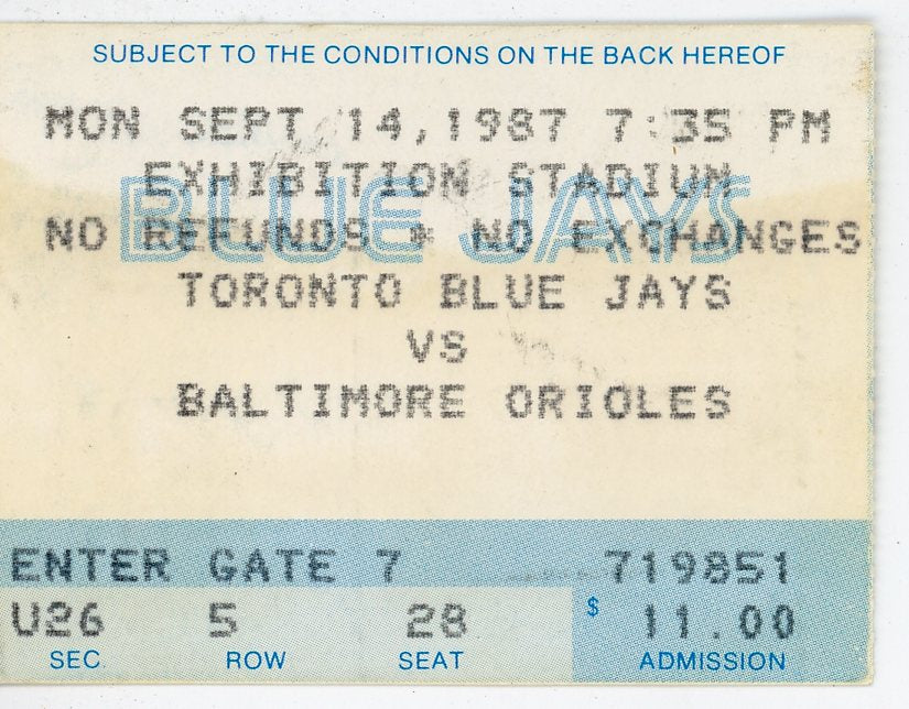Toronto Blue Jays vs. Baltimore Orioles Ticket Stub Exhibition Stadium (Toronto, 1987)