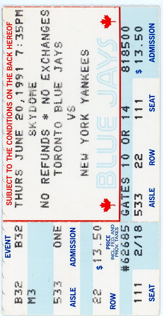 Blue Jays Vs. New York Yankees Vintage Ticket Skydome (Toronto, 1991)