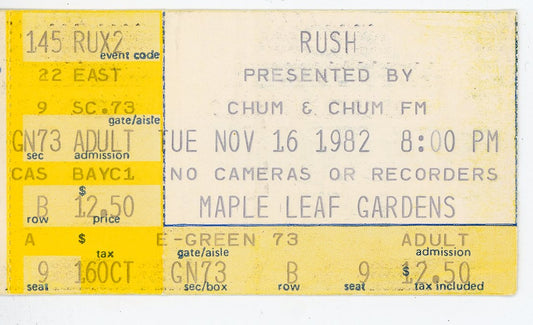 Rush Concert Ticket Stub Maple Leaf Gardens (Toronto, 1982)