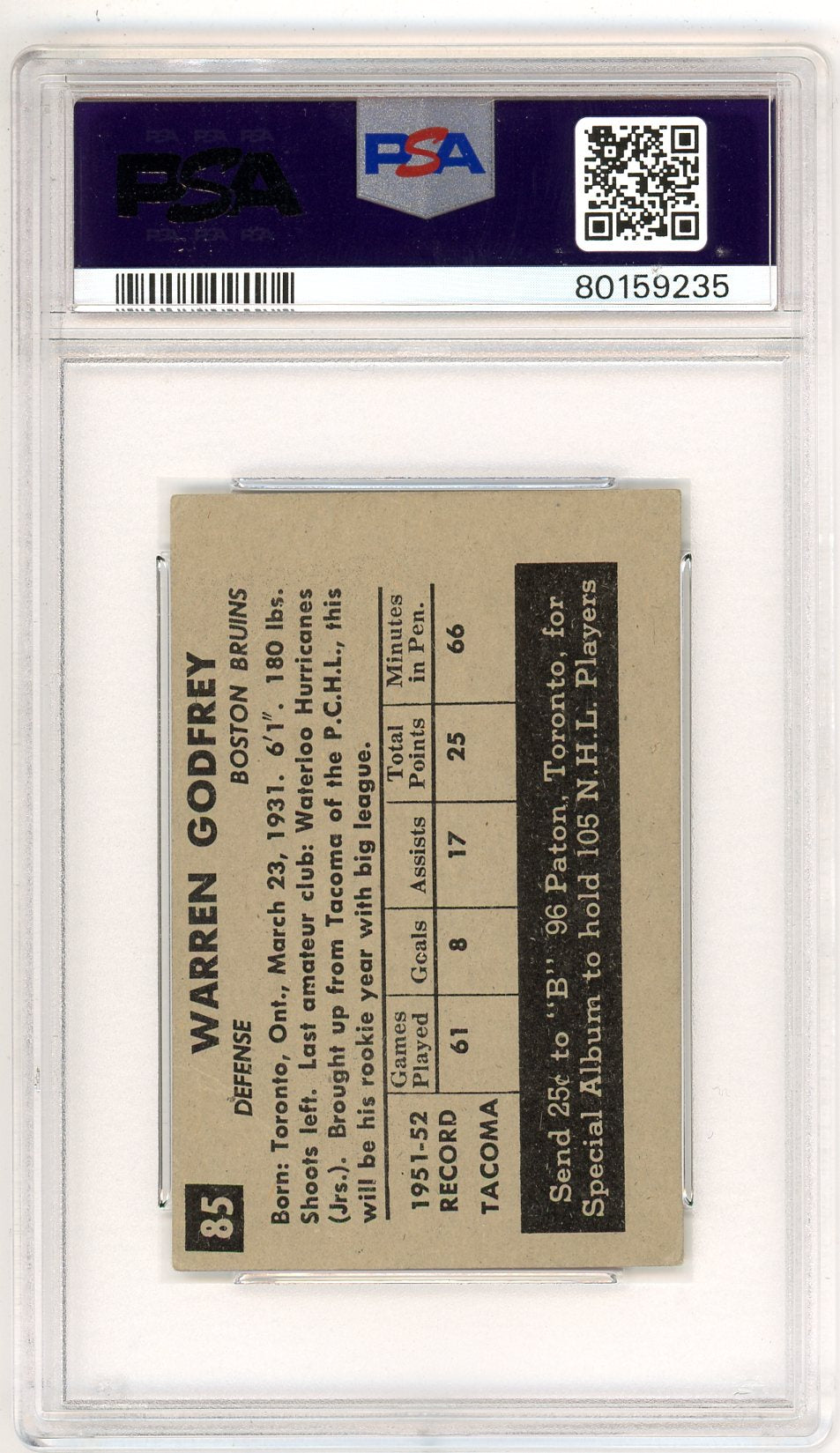 1952 Parkhurst Warren Godfrey Graded Card #85 PSA 2