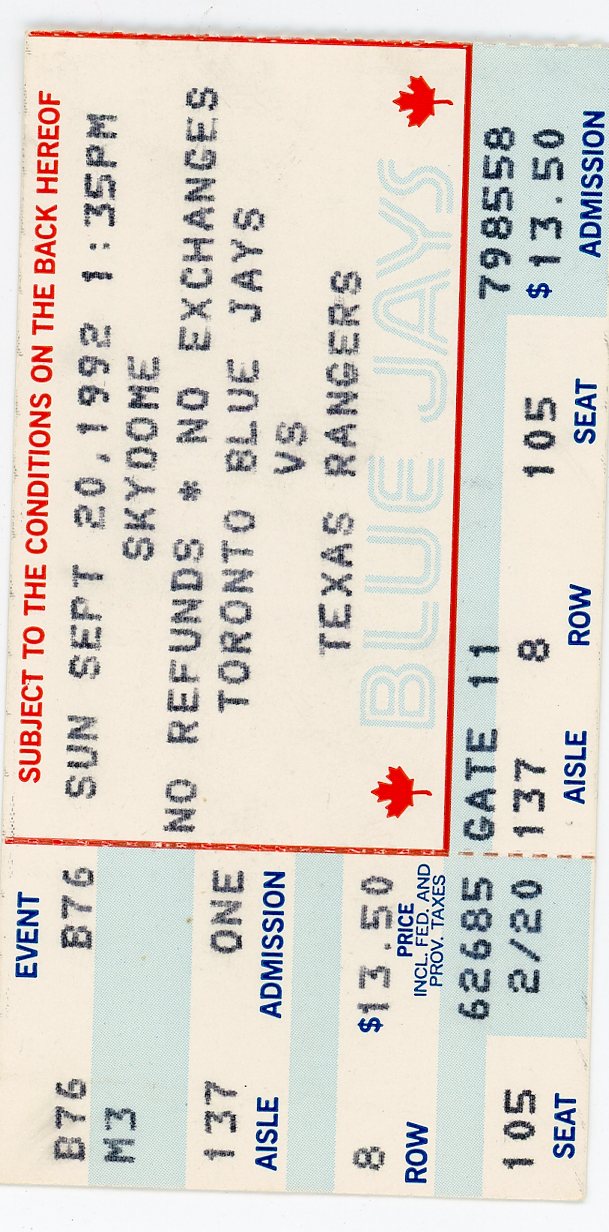 Blue Jays Vs. Texas Rangers Vintage Ticket Skydome (Toronto, 1992)