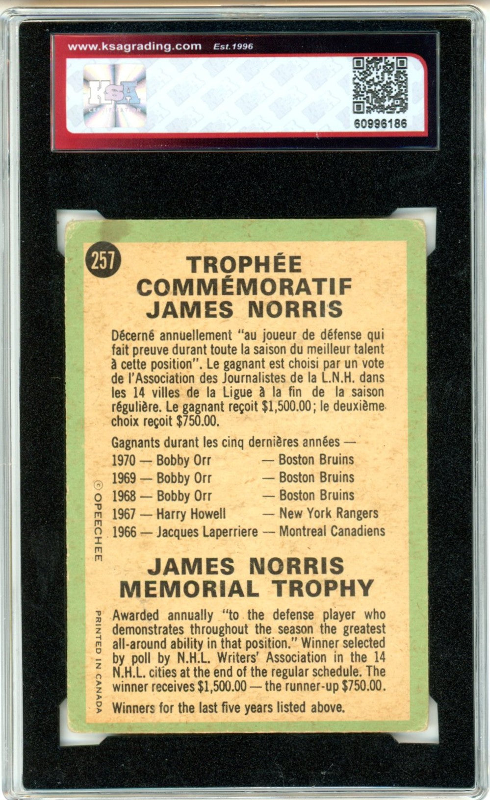 1970/71 OPC O-Pee-Chee James Norris Trophy Graded Hockey Card #257 KSA 2.5