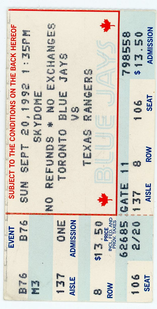 Toronto Blue Jays Vs. Texas Rangers Vintage Ticket Stub Skydome (Toronto, 1992)