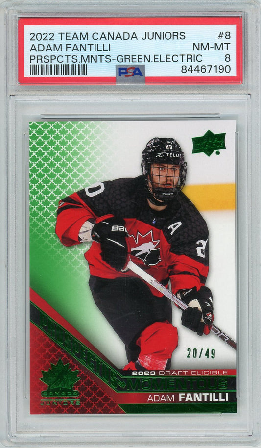 2022 Team Canada Juniors Adam Fantilli Green Electric Graded Rookie Card #8 /49 PSA 8