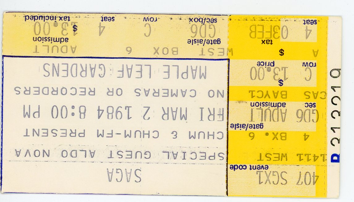 Saga with Aldo Nova Concert Ticket Stub Maple Leaf Gardens (Toronto, 1984)