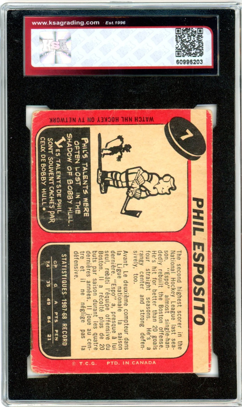 1968/69 OPC O-Pee-Chee Phil Esposito #7 Graded Hockey Card KSA 1