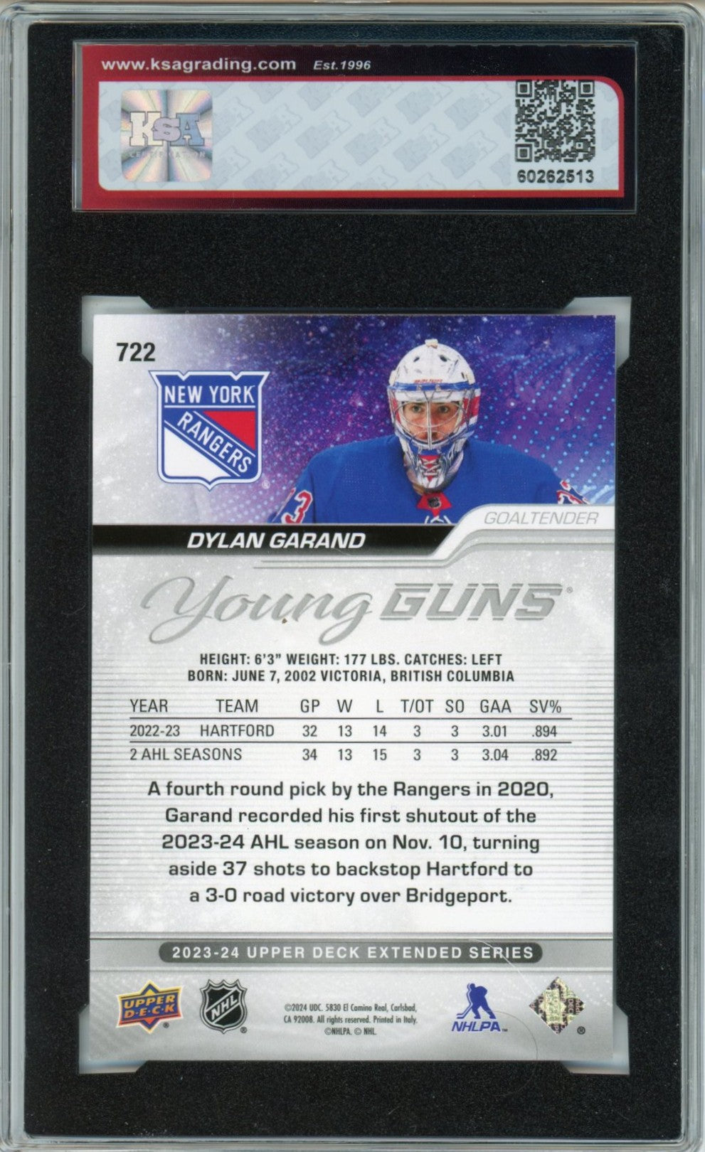 2023/24 UD Extended Dylan Garand Graded Young Guns Rookie Card #722 KSA 8.5