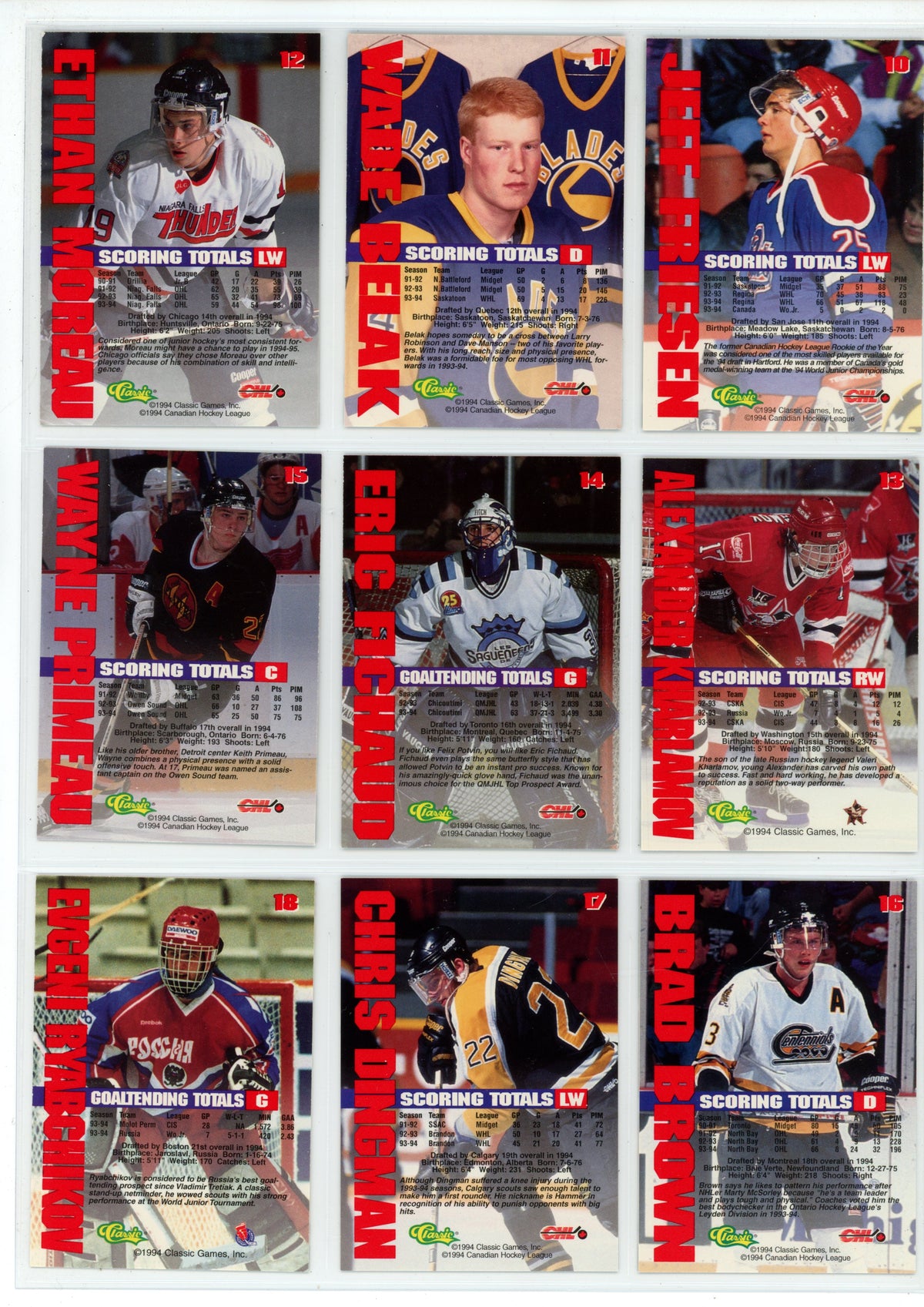 1994 Classic Games CHL Hockey (Series 1 / 1st Round Picks subset) Complete Set (120 Cards)