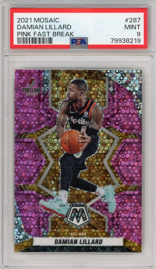 2021 Mosaic Damian Lillard Pink Fast Break Graded Card #287/20 PSA 9