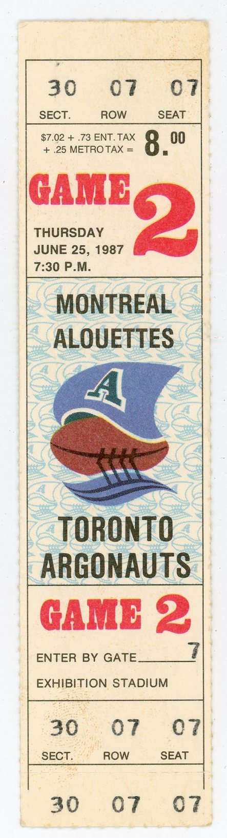 Argonauts Vs. Montreal Alouettes Vintage Ticket Stub Exhibition Stadium (Toronto, 1987)