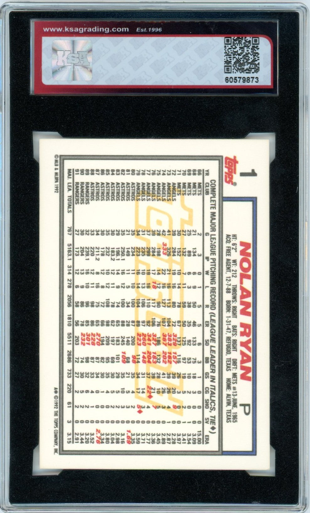 1992 Topps Gold Nolan Ryan #1 Graded Baseball Card KSA 9