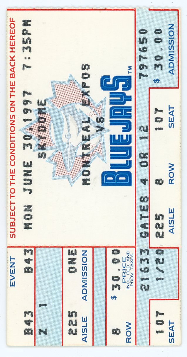 Montreal Expos Vs Blue Jays Vintage Ticket Stub Skydome (Toronto, 1997)