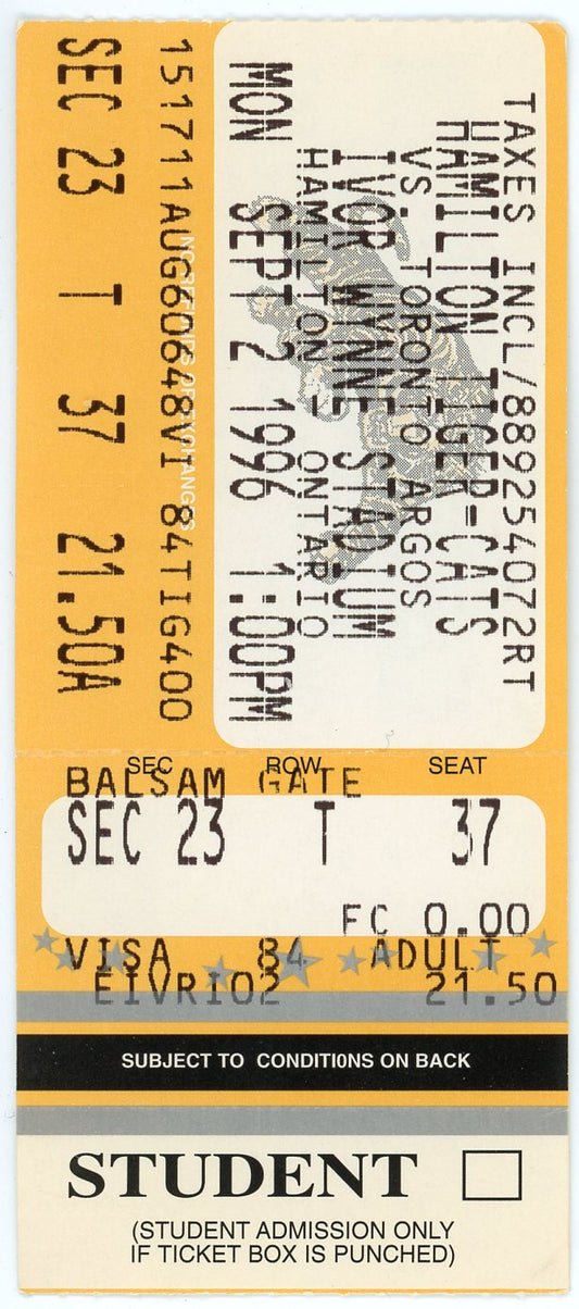 Tiger-Cats Vs. Toronto Argonauts Vintage Ticket Stub Ivor Wynne Stadium (Hamilton, 1996)