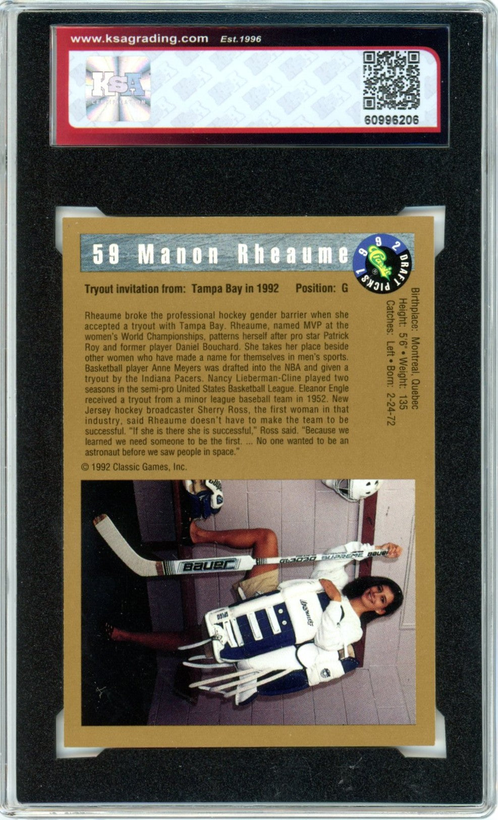 1992 Classic Draft Picks Manon Rheaume #59 Graded Hockey Card KSA 10