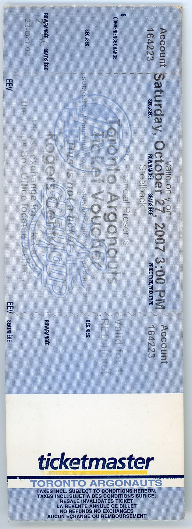 Argonauts Vintage Ticket Voucher Rogers Centre (Toronto, 2007) Argos