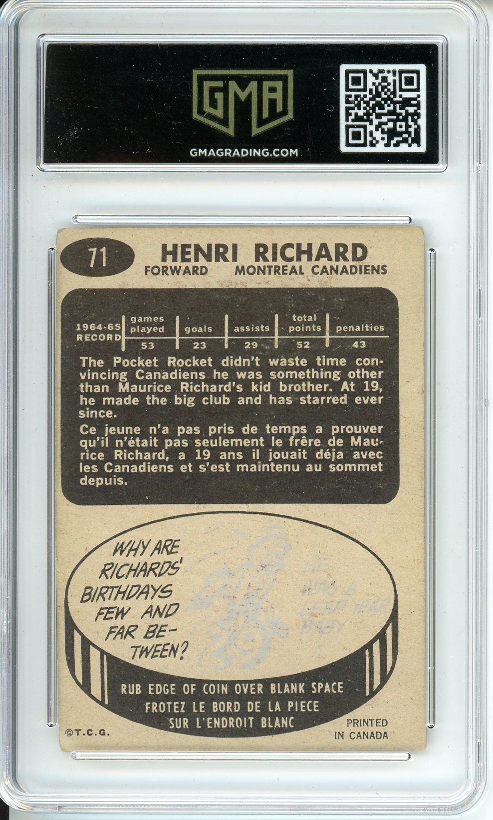 1965 Topps Henri Richard #71 Graded Vintage Card GMA 3
