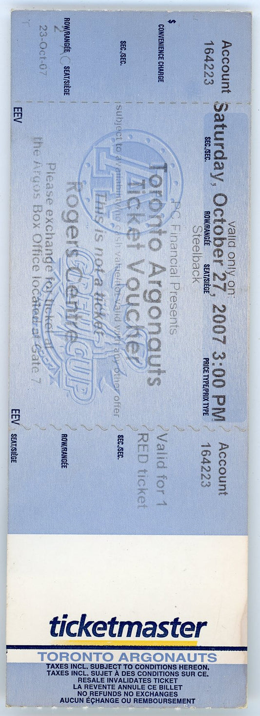 Argonauts Ticket Voucher Rogers Centre (Toronto, 2007) Argos