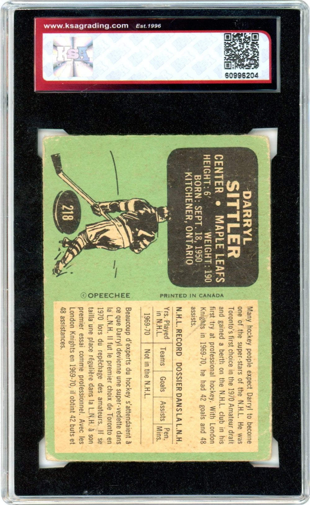 1970/71 OPC O-Pee-Chee Darryl Sittler Graded Hockey Rookie Card #218 KSA 1.5