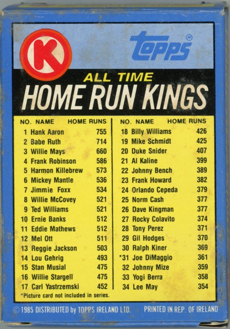 1985 Topps Ireland Baseball All Time Home Run Kings Complete Collectors' Card Set (33 Cards) Opened Circle K Exclusive