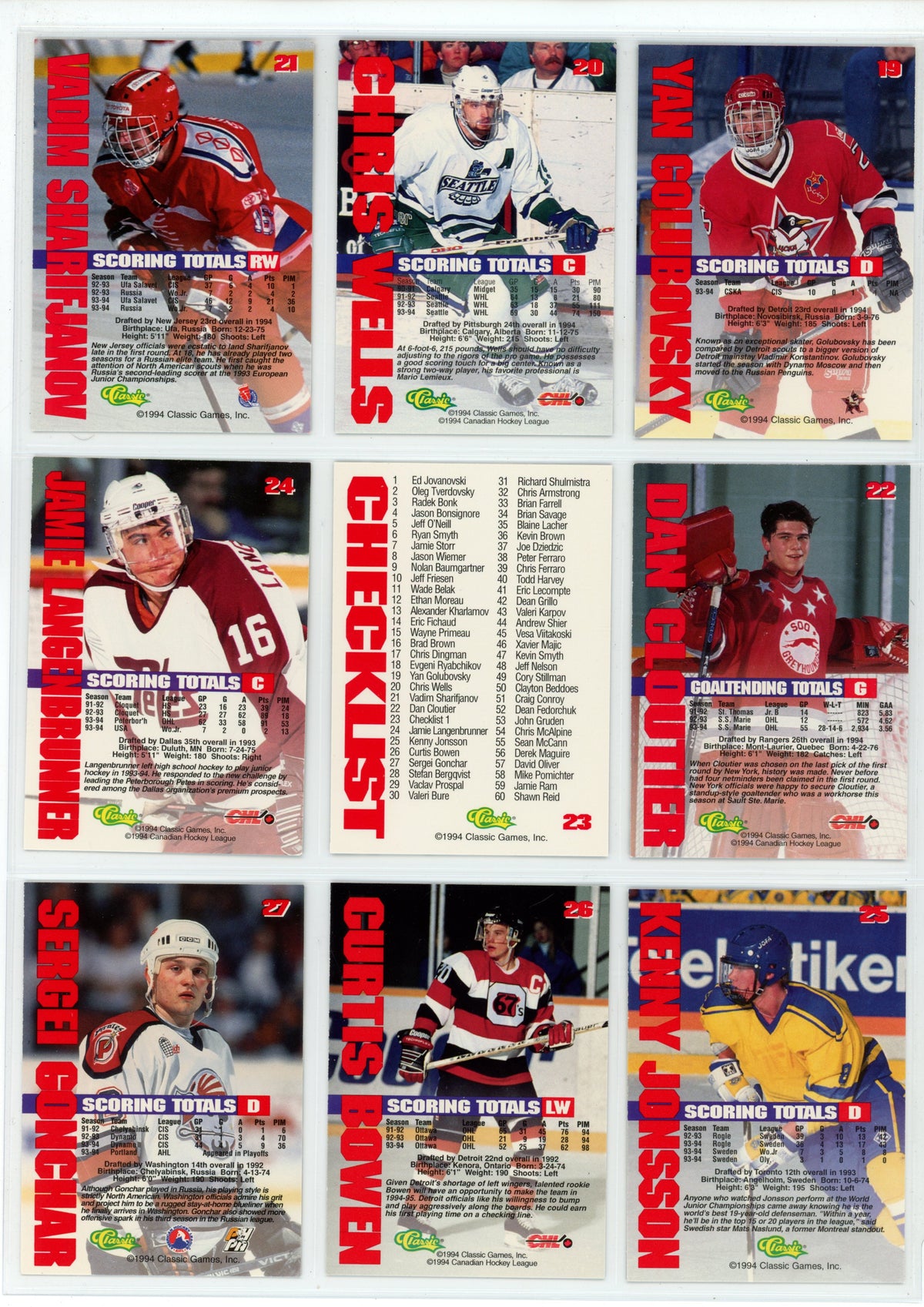 1994 Classic Games CHL Hockey (Series 1 / 1st Round Picks subset) Complete Set (120 Cards)