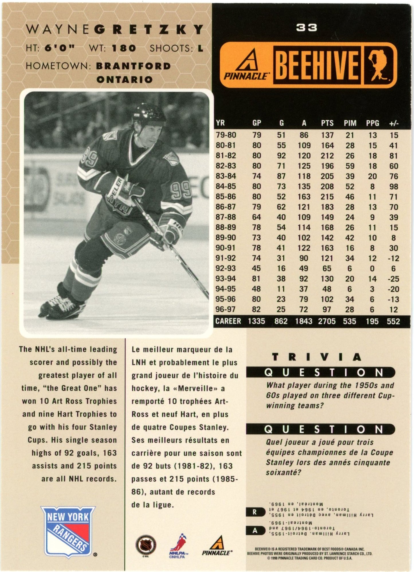 1997/98 Pinnacle Beehive 5" x 7" Oversize NHL Hockey Card Complete Set (75 Cards)