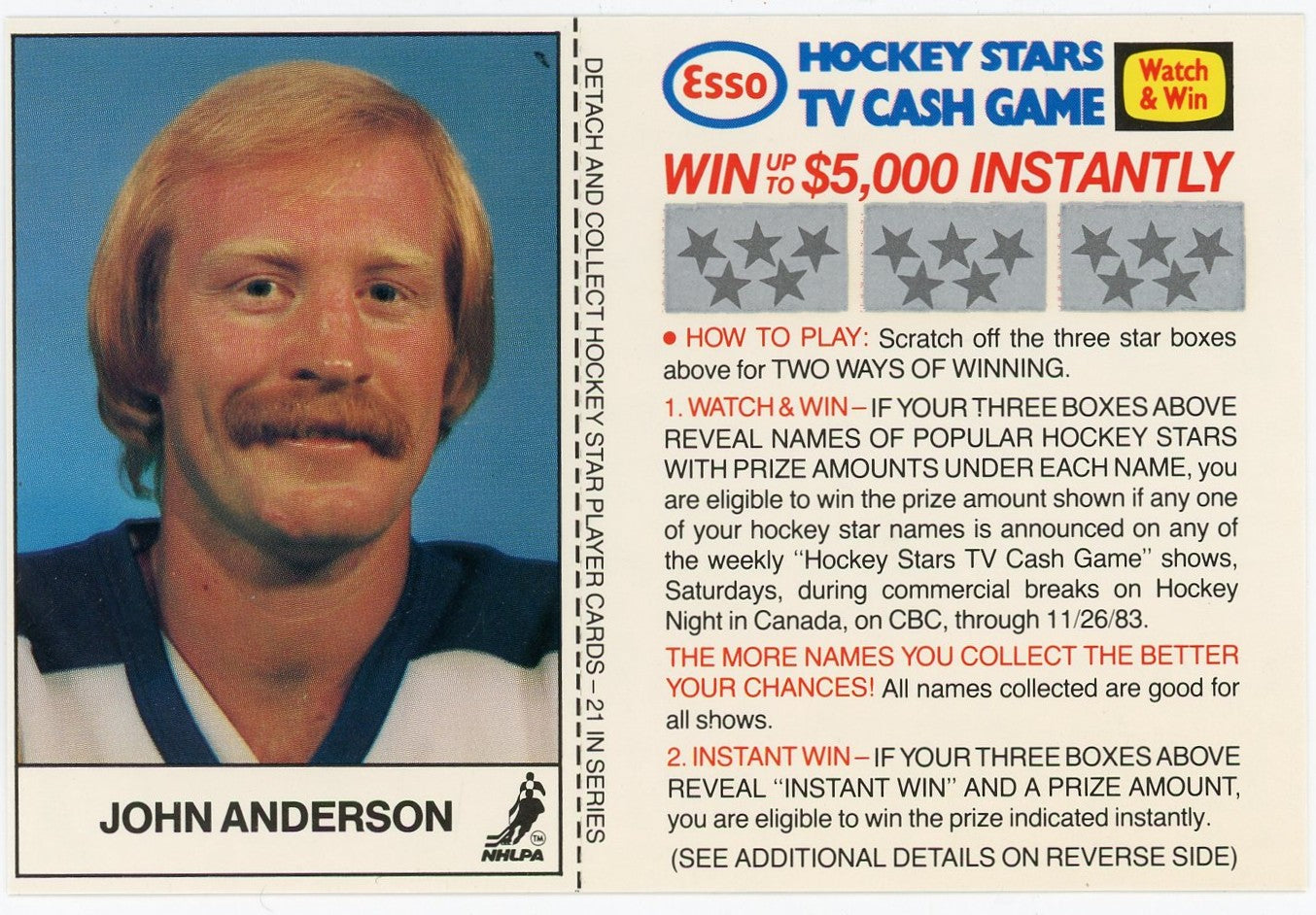 1983/84 Esso Hockey Stars TV Cash Game Unscratched Card Complete Set (21 Cards)