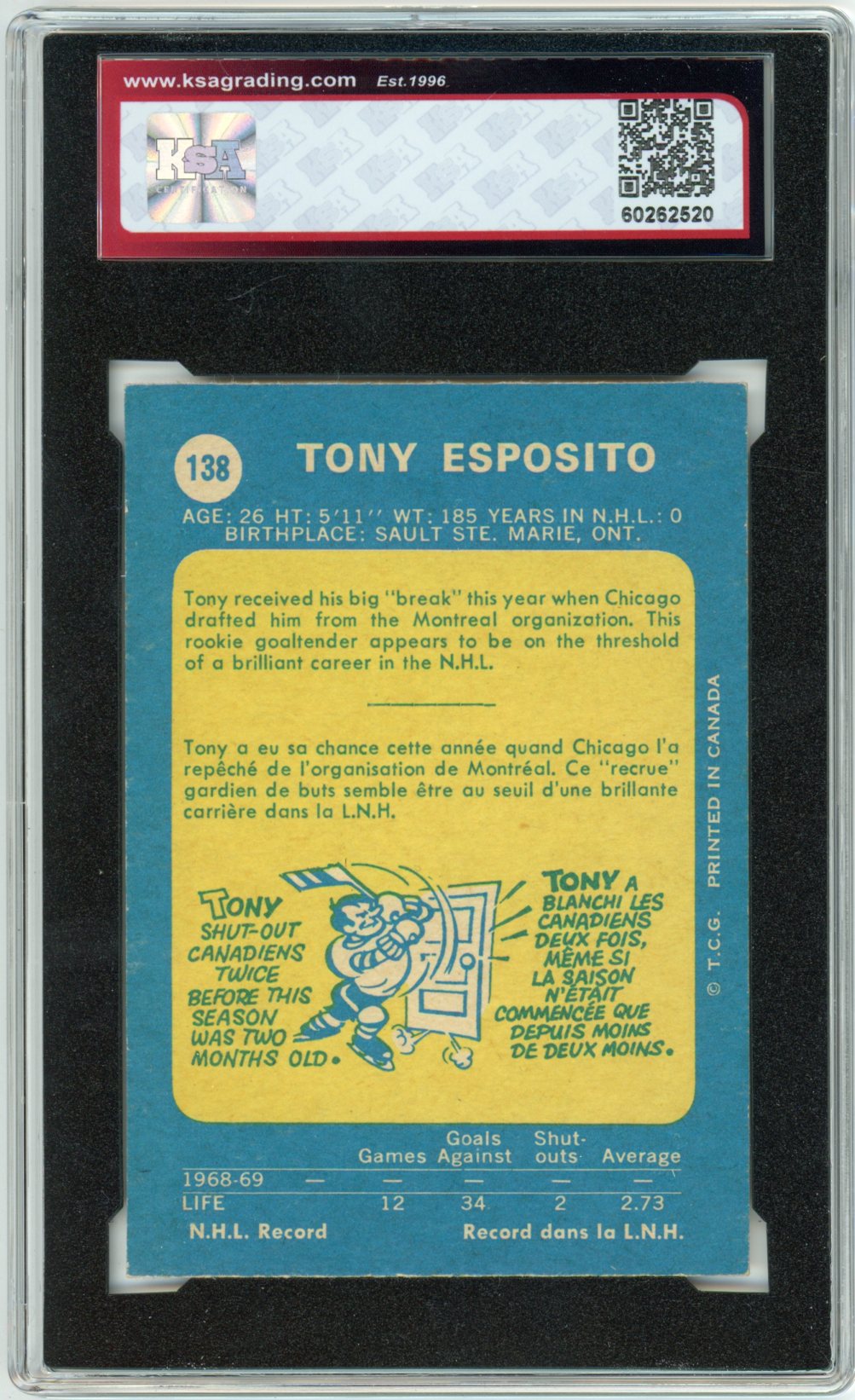 1969/70 OPC O-Pee-Chee Tony Esposito Graded Rookie Card #138 KSA 5