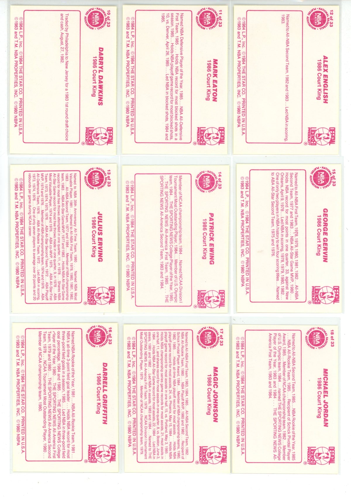 1986 Star Company Court Kings Basketball Complete Set. (33 Cards) EX/NMT Michael Jordan Rookie