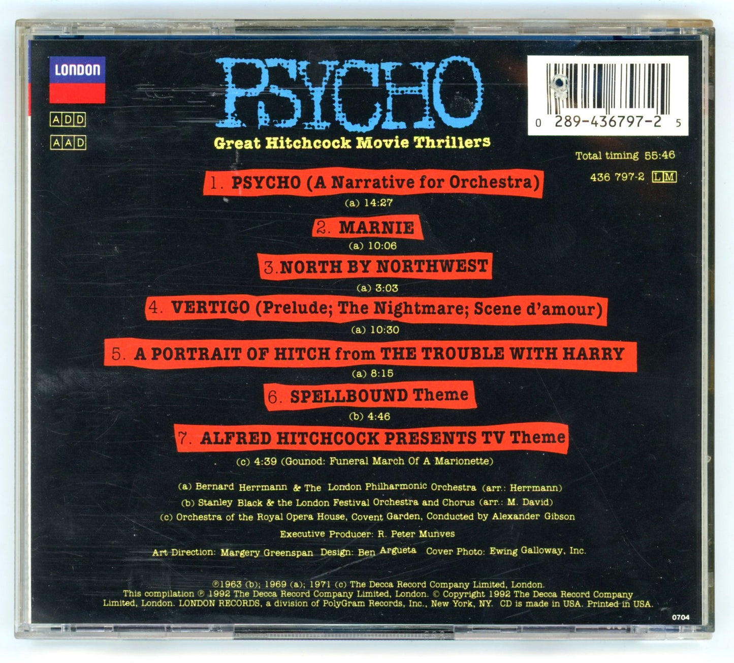 Psycho: Great Hitchcock Movie Thrillers (1992) Motion Picture Soundtrack Vintage CD