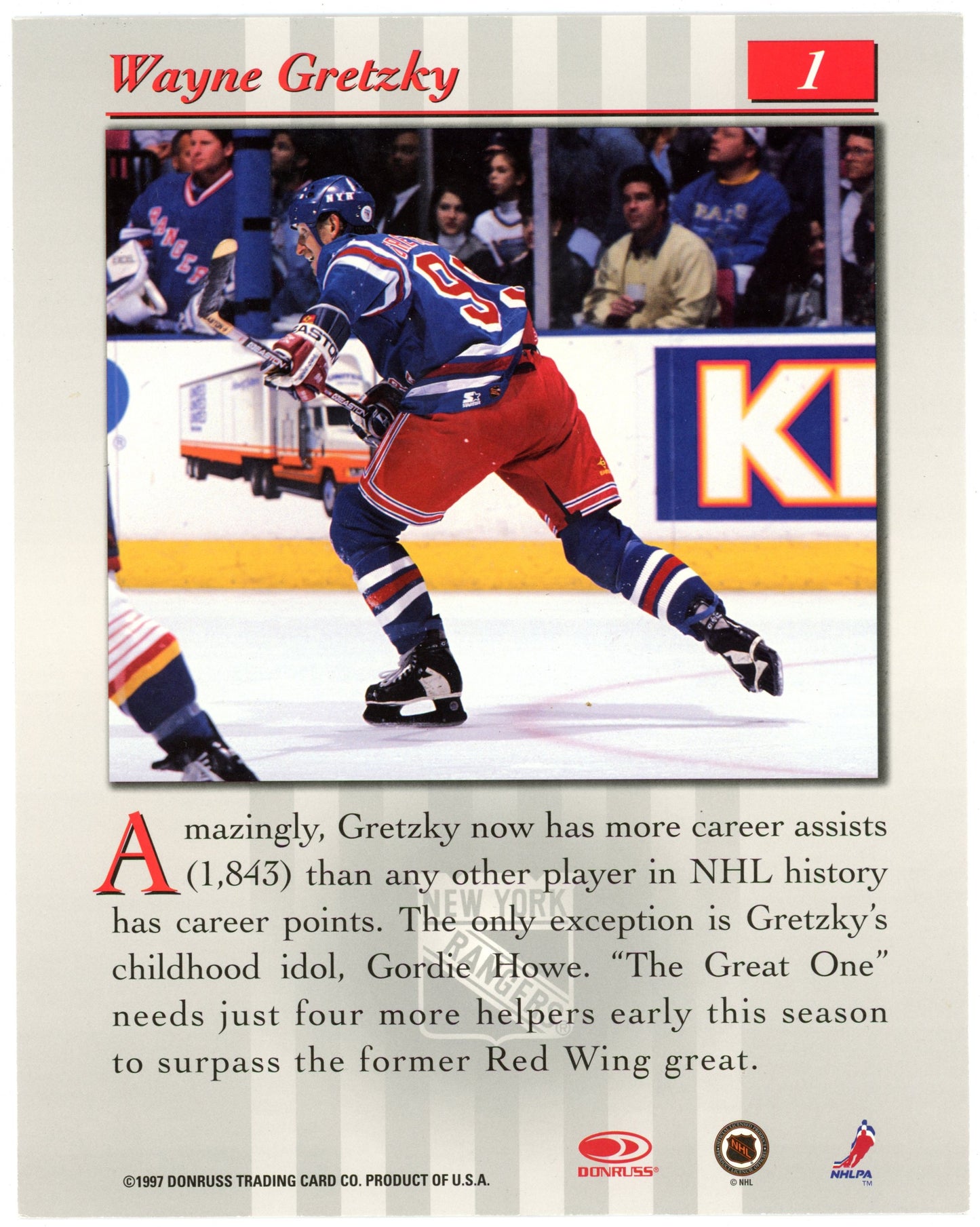 1997/98 Donruss Studio Wayne Gretzky NY Rangers Portrait Card 8" x 10"