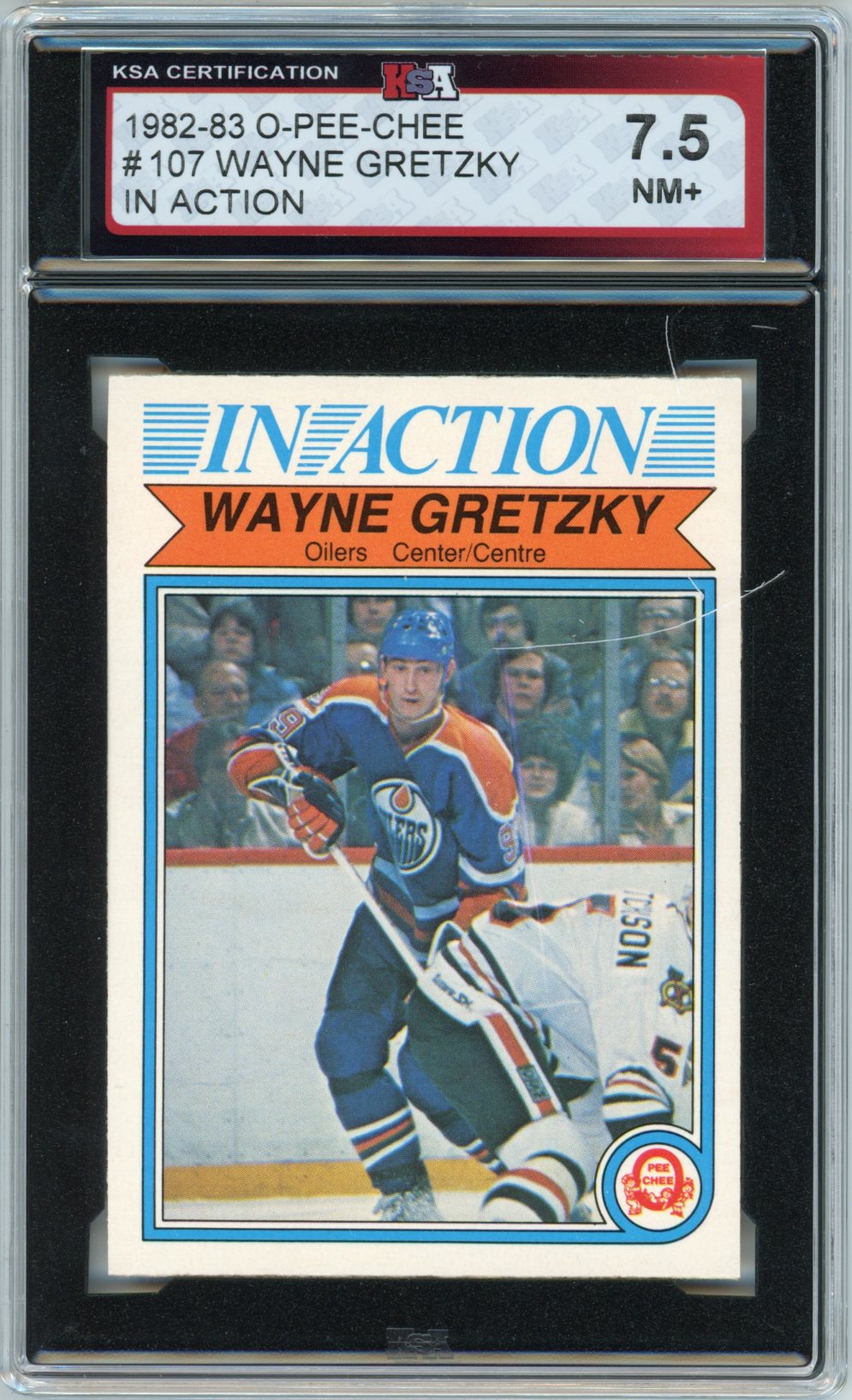 1982/83 OPC O-Pee-Chee Wayne Gretzky In Action Graded Hockey Card #107 KSA 7.5