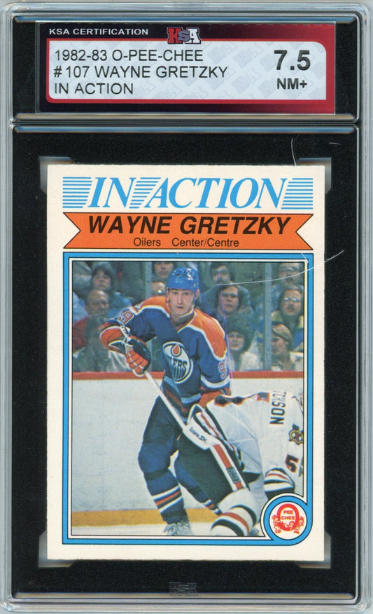 1982/83 OPC O-Pee-Chee Wayne Gretzky In Action Graded Hockey Card #107 KSA 7.5