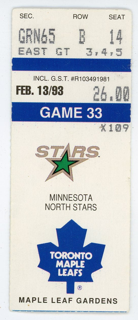Toronto Maple Leafs vs. Minnesota North Stars Ticket Stub Maple Leaf Gardens (Toronto, 1993)