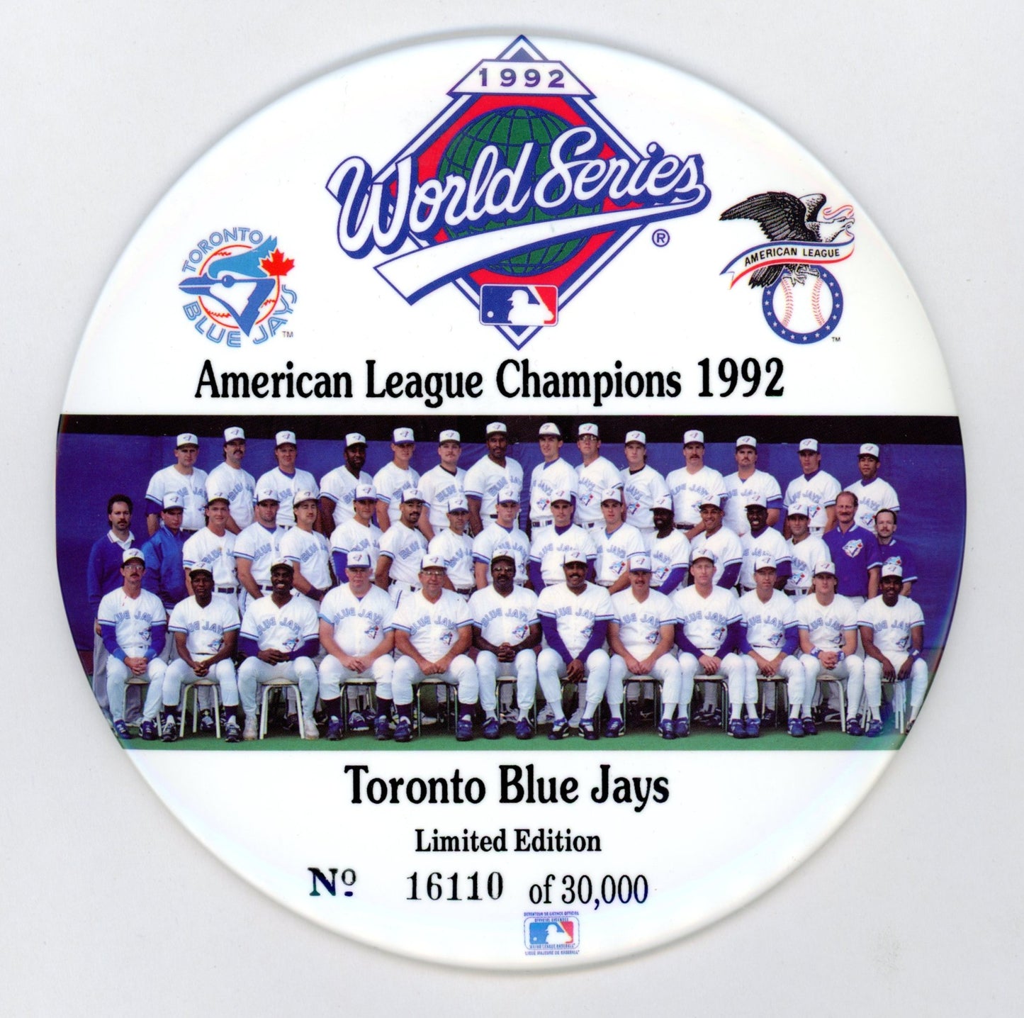 1992 MLB Blue Jays World Series & American League Champions Vintage Oversized Pin Button Set