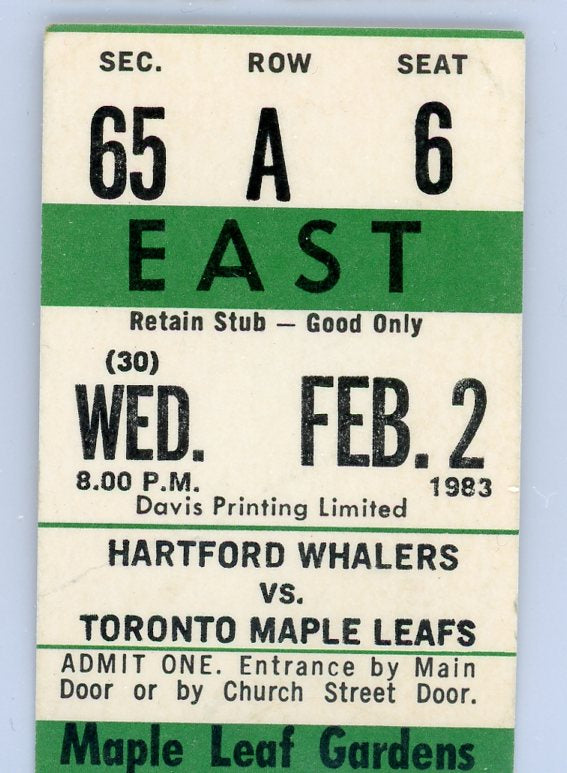 Hartford Whalers vs. Toronto Maple Leafs Vintage Ticket Maple Leaf Gardens (Toronto, 1983)